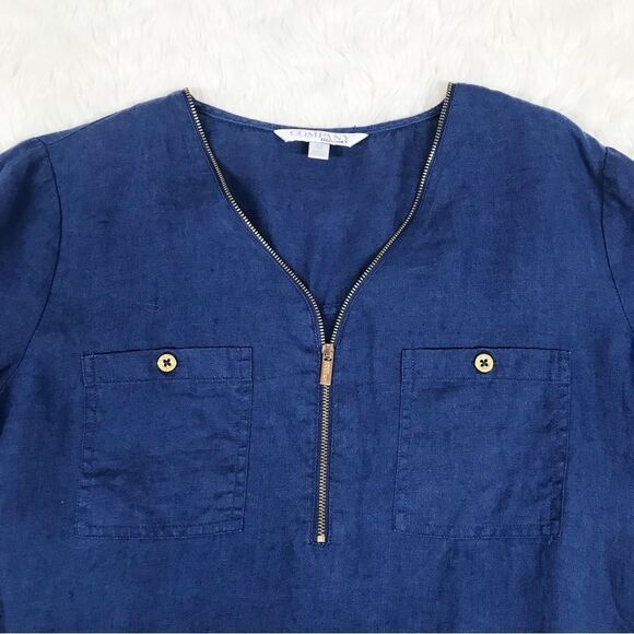 ELLEN‎ TRACY 100% Linen Navy Blue Tunic Top Roll Tab Sleeve V-Neck Size Medium - Picture 4 of 11
